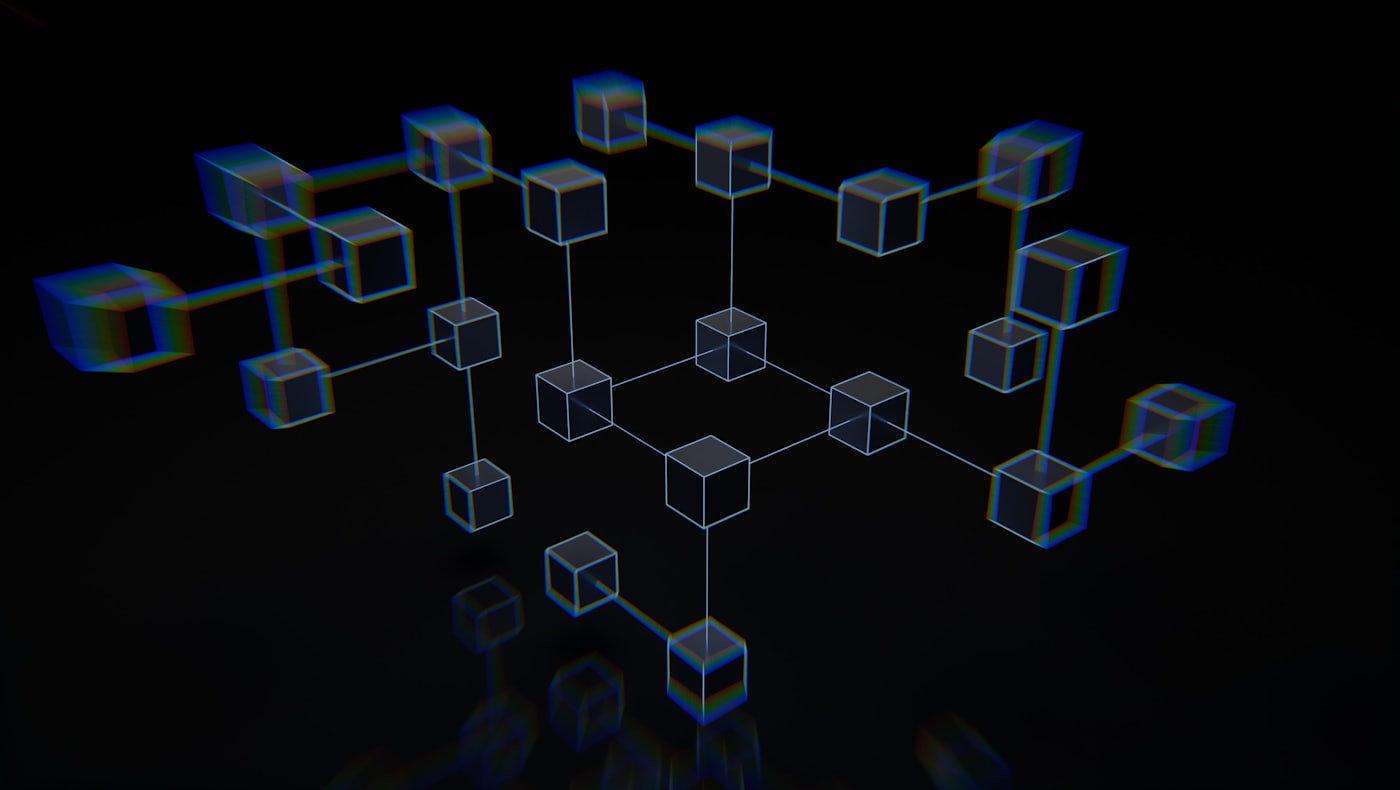 A dark 3D visualization of a blockchain network