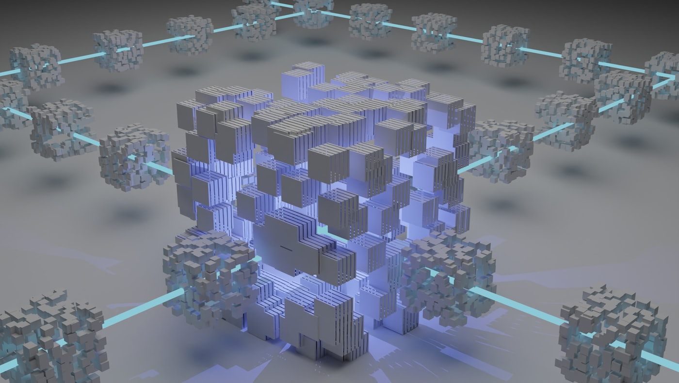 3D blockchain blocks connected by a network