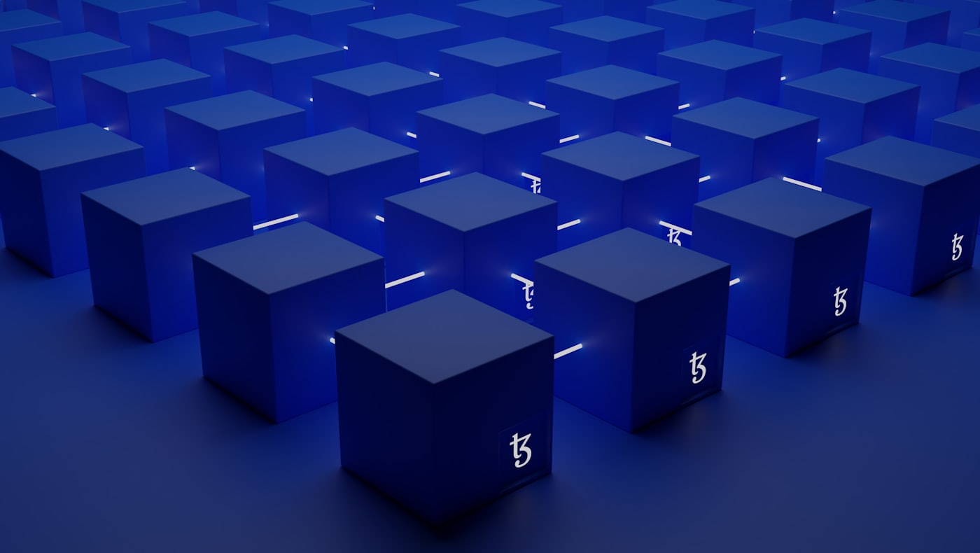 A grid of glowing blue 3D blocks representing a network